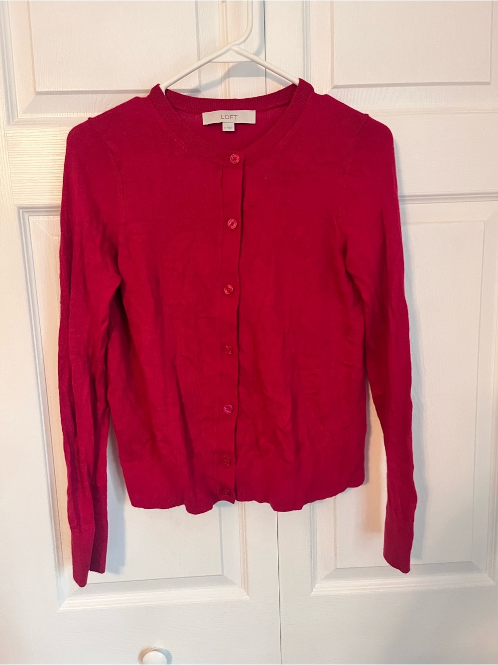 LOFT Bright Red Crewneck Button Cardigan
